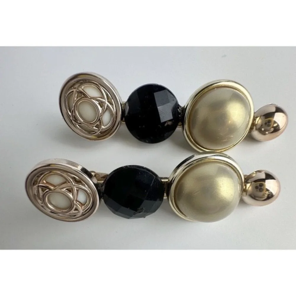 Set of Vintage Style Gold Tone Alligator Hair Clips Faux Pearl Black Crystal J-0